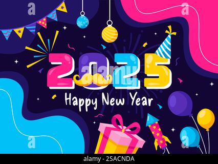 Bonne année 2025 célébration illustration vectorielle avec trompettes, feux d'artifice, rubans et confettis pour une fête nationale festive en arrière-plan Illustration de Vecteur