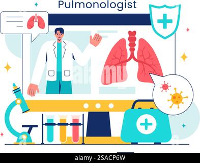 Illustration vectorielle de pneumologue avec médecin de pneumologie, poumons, examen du système respiratoire et traitement en arrière-plan de dessin animé de style plat Illustration de Vecteur