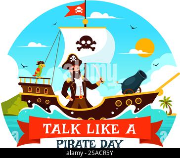 International Talk Like a Pirate Day illustration vectorielle avec de mignons personnages de dessin animé pirate et des éléments décoratifs dans un fond de dessin animé de style plat Illustration de Vecteur