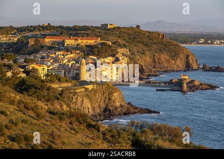 Vue à l'aube de Collioure, Pyrénées-Orientales, France Banque D'Images