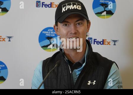 Pebble Beach, États-Unis. 30 janvier 2025. Pebble Beach, Californie, États-Unis - 28 janvier 2025 Maverick McNealy, de Stanford, CALIFORNIE, parle à la presse avant le début de l'AT&T Pebble Beach Pro-Am (tournoi de golf signature PGA Tour) qui se tient sur le célèbre Pebble Beach Links, Californie, USAS crédit : Motofoto/Alamy Live News Banque D'Images