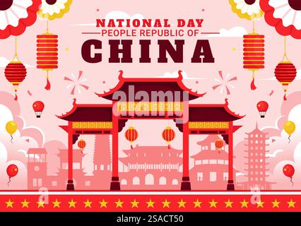 Journée nationale du peuple&rsquo;s République de Chine illustration vectorielle pour le 1er octobre avec un drapeau ondulant et des éléments asiatiques dans un fond rouge plat Illustration de Vecteur