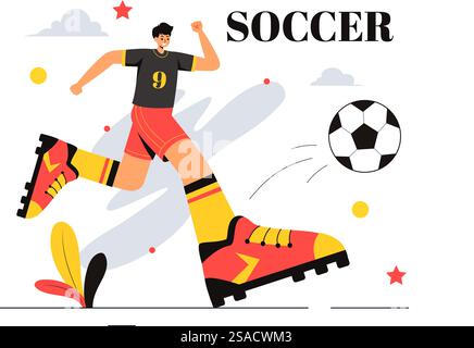 Illustration vectorielle de football mettant en vedette un homme frappant un ballon de football sur un terrain vert pour une ligue de football et un match de sport dans un fond de dessin animé plat Illustration de Vecteur