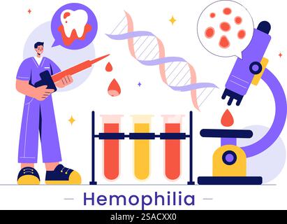 Illustration vectorielle d'hémophilie mettant en vedette un médecin examinant un genou blessé ou des troubles articulaires et sanguins dans un fond de dessin animé de style plat de soins de santé Illustration de Vecteur