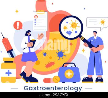 Estomac santé Gastroentérologie illustration vectorielle mettant en vedette la douleur abdominale et la recherche médicale pour les soins de santé dans un fond de dessin animé de style plat Illustration de Vecteur