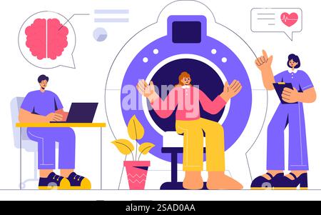 Illustration IRM ou imagerie par résonance magnétique représentant un médecin et un patient lors d'un examen médical avec un scanner CT sur un fond plat Illustration de Vecteur