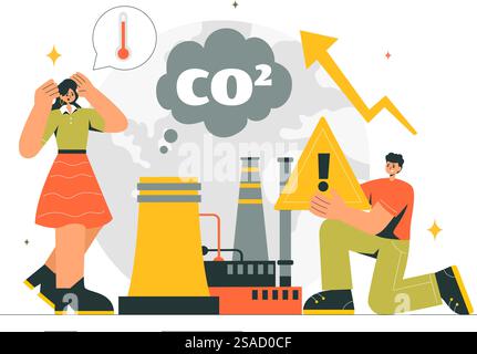 Dioxyde de carbone ou illustration vectorielle CO2 soulignant l'importance de sauver la planète Terre du changement climatique dans un fond de dessin animé plat Illustration de Vecteur