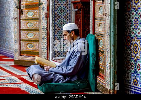 Fidèle assis et lisant Kuran dans le mausolée Moulay Driss i, (Maqam Moulay Idriss), Moulay Idriss Zerhoun, Maroc Banque D'Images