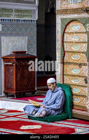 Fidèle assis et lisant Kuran dans le mausolée Moulay Driss i, (Maqam Moulay Idriss), Moulay Idriss Zerhoun, Maroc Banque D'Images