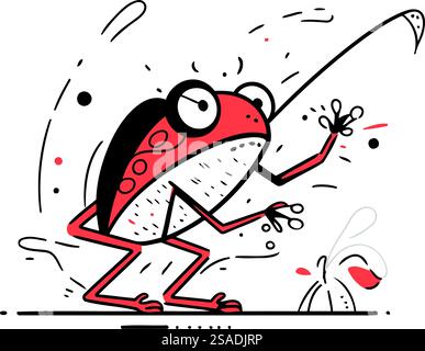 Grenouille drôle de dessin animé avec canne à pêche. Illustration vectorielle dans le style doodle Illustration de Vecteur