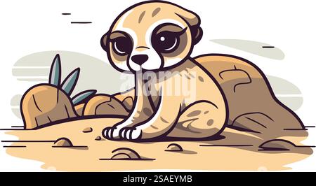 Mignon meerkat de bande dessinée assis sur le sable. Illustration vectorielle. Illustration de Vecteur