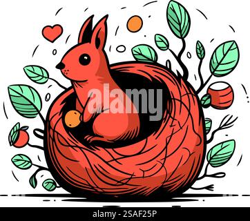 Illustration vectorielle dessinée à la main d'un lapin mignon assis dans un nid. Illustration de Vecteur