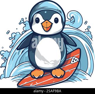 Pingouin avec planche de surf sur la vague. Illustration vectorielle. Illustration de Vecteur