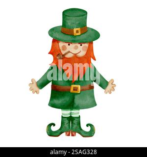 Un leprechaun ludique dans une tenue verte vibrante avec une barbe rouge saisissante, idéal pour la Journée Patricks. Clipart d'aquarelle dessinée à la main isolé sur fond blanc pour diverses conceptions et impressions. Banque D'Images