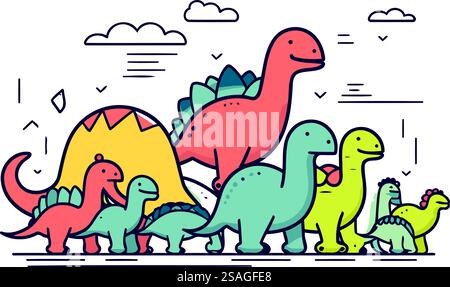Illustration vectorielle de dinosaure dans le style de ligne plate. De mignons dinosaures. tricératops. diplodocus. tyrannosaure. ptérodactyle. stegosaurus. tricératops. diplodocus Illustration de Vecteur