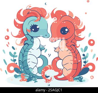 Hippocampes de dessin animé mignon. animaux marins. illustration vectorielle. Illustration de Vecteur