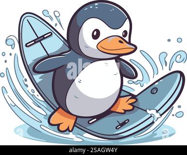 Mignon pingouin sur une planche de surf. Illustration vectorielle isolée sur fond blanc. Illustration de Vecteur