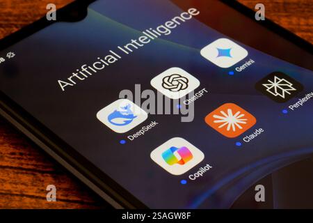 Ottawa, Canada. 29 janvier 2025. Dans cette illustration photo, les applications d'intelligence artificielle (IA) DeepSeek, ChatGPT, Google Gemini, CoPilot, Claude, et la perplexité vue sur un smartphone. Crédit : SOPA images Limited/Alamy Live News Banque D'Images