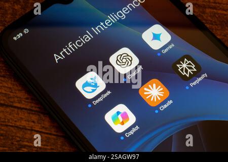 Ottawa, Canada. 29 janvier 2025. Dans cette illustration photo, les applications d'intelligence artificielle (IA) DeepSeek, ChatGPT, Google Gemini, CoPilot, Claude, et la perplexité vue sur un smartphone. Crédit : SOPA images Limited/Alamy Live News Banque D'Images
