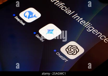 Ottawa, Canada. 29 janvier 2025. Dans cette illustration photo, les applications d'intelligence artificielle (IA) DeepSeek, ChatGPT et Google Gemini vues affichées sur un smartphone. Crédit : SOPA images Limited/Alamy Live News Banque D'Images