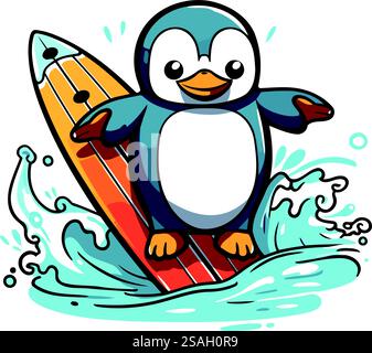 Pingouin mignon avec planche de surf sur la vague. Illustration vectorielle. Illustration de Vecteur