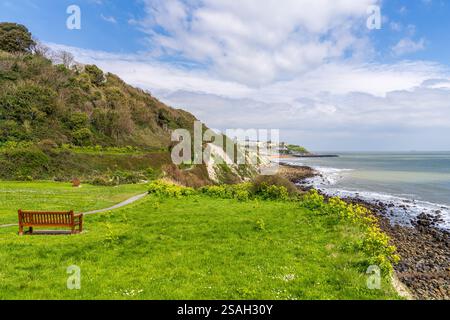 Un banc près de Castle Cove surplombant la baie de Ventnor sur l'île de Wight, Angleterre, Royaume-Uni Banque D'Images