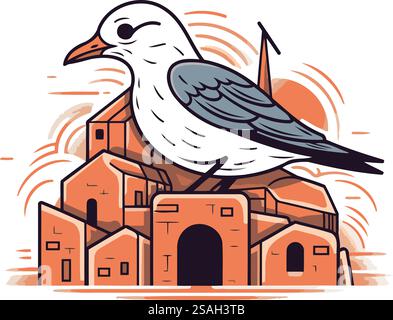 Illustration vectorielle d'une mouette sur le fond du château. Illustration de Vecteur