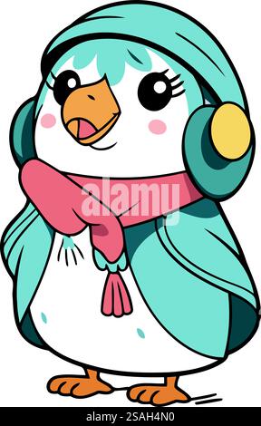 Mignon pingouin dans le chapeau d'hiver et l'écharpe. Illustration vectorielle. Illustration de Vecteur