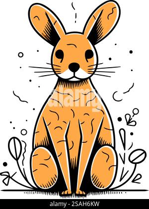 Illustration vectorielle de lapin de dessin animé mignon assis sur l'herbe. Style dessiné à la main. Illustration de Vecteur