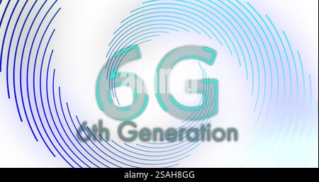 Image de 6g, texte de 6ème génération sur des lignes en spirale bleues traitement sur fond blanc Banque D'Images