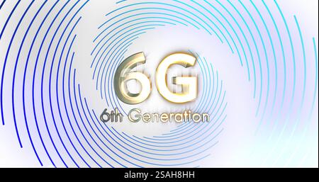 Image de 6g, texte de 6ème génération en or sur des lignes en spirale bleues traitement sur fond blanc Banque D'Images