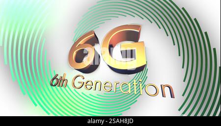 Image de 6g, texte de 6ème génération en or sur des lignes spirales vertes en traitement sur fond blanc Banque D'Images
