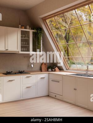 Une cuisine contemporaine luxueuse présente une grande fenêtre étoilée avec une vue sur la nature automnale sereine, des armoires en bois franc blanc minimalistes et une cuisine Banque D'Images