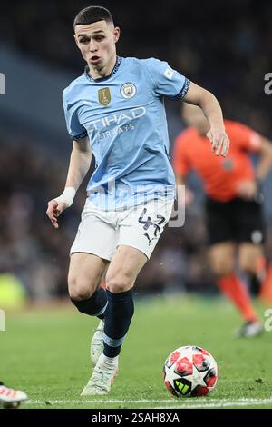 Manchester, Royaume-Uni. 29 janvier 2025. Phil Foden de Manchester City photographié en action lors d'un match de football entre l'anglais Manchester City et le belge Club Brugge KV, mercredi 29 janvier 2025 à Manchester, au Royaume-Uni, sur les huit jours (sur 8) de la phase de la ligue de l'UEFA Champions League. BELGA PHOTO BRUNO FAHY crédit : Belga News Agency/Alamy Live News Banque D'Images