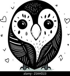 chouette mignonne avec des plumes et des coeurs. illustration vectorielle en noir et blanc Illustration de Vecteur
