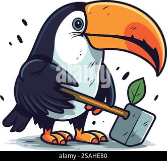Toucan de dessin animé avec une pelle. Illustration vectorielle isolée sur fond blanc. Illustration de Vecteur