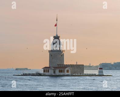 La Tour de la jeune fille historique sur le Bosphore à Istanbul, entourée par le paysage urbain animé et l'activité maritime. Banque D'Images