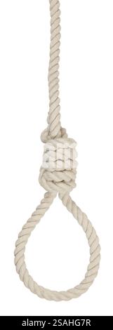 Nœud de corde pour bourreau, suicide fait d'isolat de corde de fibre naturelle sur fond blanc. Nœud coulant de corde de chanvre pour homicide ou commettre le concept de suicide. Accrocher R Banque D'Images