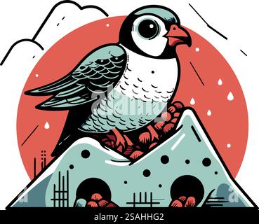Illustration vectorielle d'un oiseau assis sur le toit d'une maison. Illustration de Vecteur