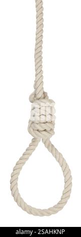 Nœud de corde pour bourreau, suicide fait de corde de fibre naturelle sur fond blanc. Nœud coulant de corde de chanvre pour homicide ou commettre le concept de suicide. Accrocher le nœud de corde Banque D'Images