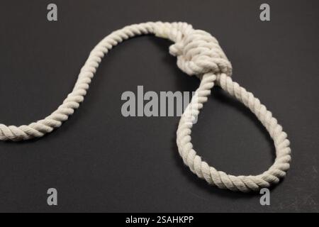 Nœud de corde pour bourreau, suicide fait de corde de fibre naturelle sur fond sombre. Nœud coulant de corde de chanvre pour homicide ou commettre le concept de suicide. Accrocher le nœud de corde Banque D'Images