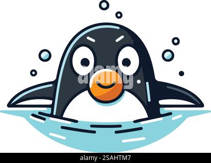 Mignon pingouin Kawaii dans l'eau. Illustration vectorielle. Illustration de Vecteur