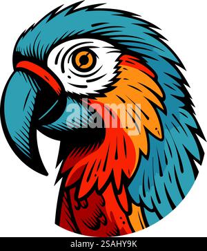 Illustration d'une tête d'oiseau perroquet vue de côté ensemble à l'intérieur du cercle sur fond isolé fait dans le style rétro. Illustration de Vecteur