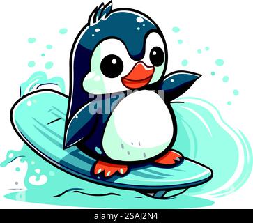Mignon pingouin sur une planche de surf. Illustration vectorielle de dessin animé. Illustration de Vecteur