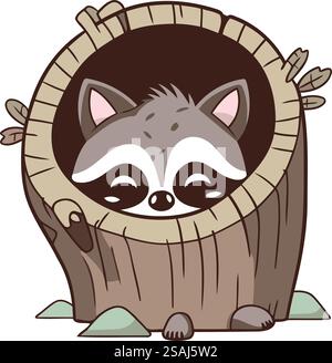 Raton laveur dans le trou. Mignon raton laveur de dessin animé. Illustration de Vecteur