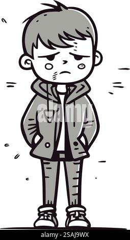 triste garçon dessin animé dessin vectoriel illustration à la main dessin au trait art Illustration de Vecteur