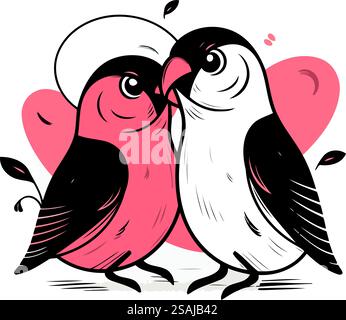 Deux mignons bullfinches amoureux. Carte de Saint-Valentin. Illustration vectorielle. Illustration de Vecteur
