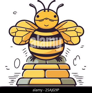 Illustration vectorielle de dessin animé de mignonne petite abeille assise sur une pyramide. Illustration de Vecteur