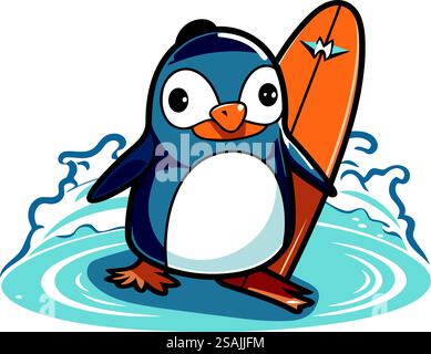 Pingouin mignon avec planche de surf sur l'eau. Illustration vectorielle. Illustration de Vecteur
