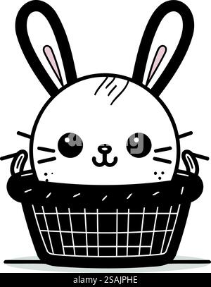 Mignon lapin dans le panier. Illustration vectorielle. Noir et blanc. Illustration de Vecteur